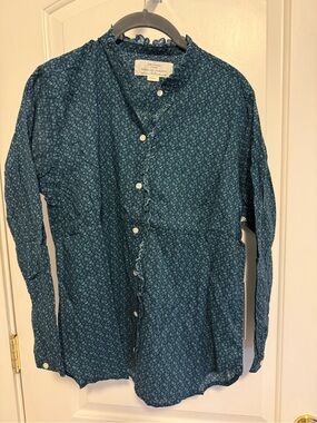 Trovata Teal Blue Floral Ruffle Front Shirt